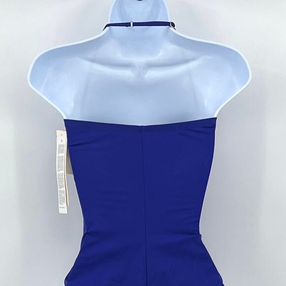 GOTTEX Lattice Gathered One Piece Swimsuit Womens 8 Blue Strapless Convertible - Picture 7 of 16